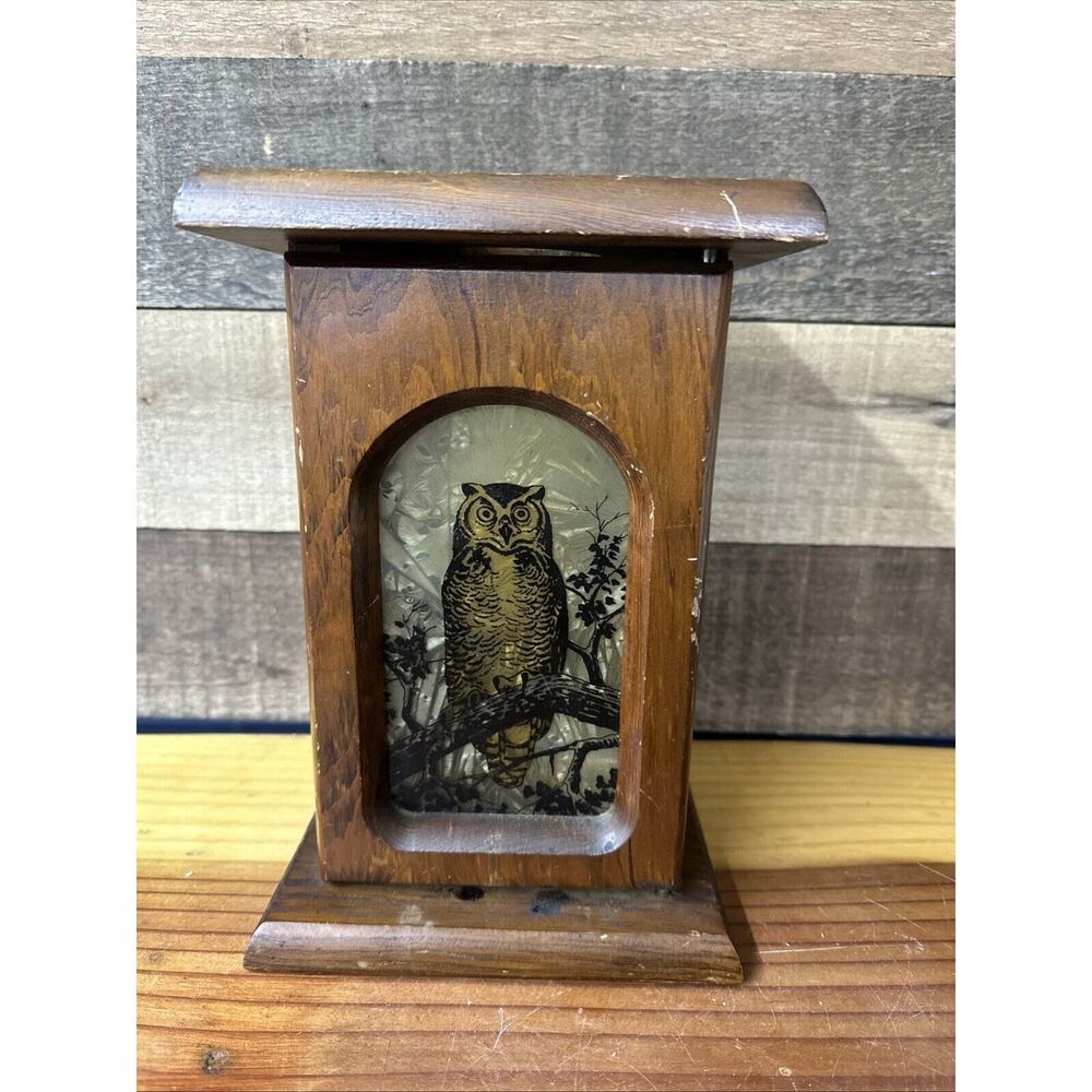 Vintage Owl Candle Holder Lantern Box Wooden Glass Window -scratches